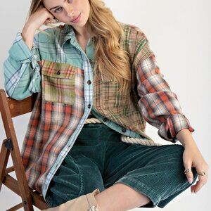 NWT Easel Plaid Mix Mineral Washed Patchwork Button Down Shacket In Sage Combo